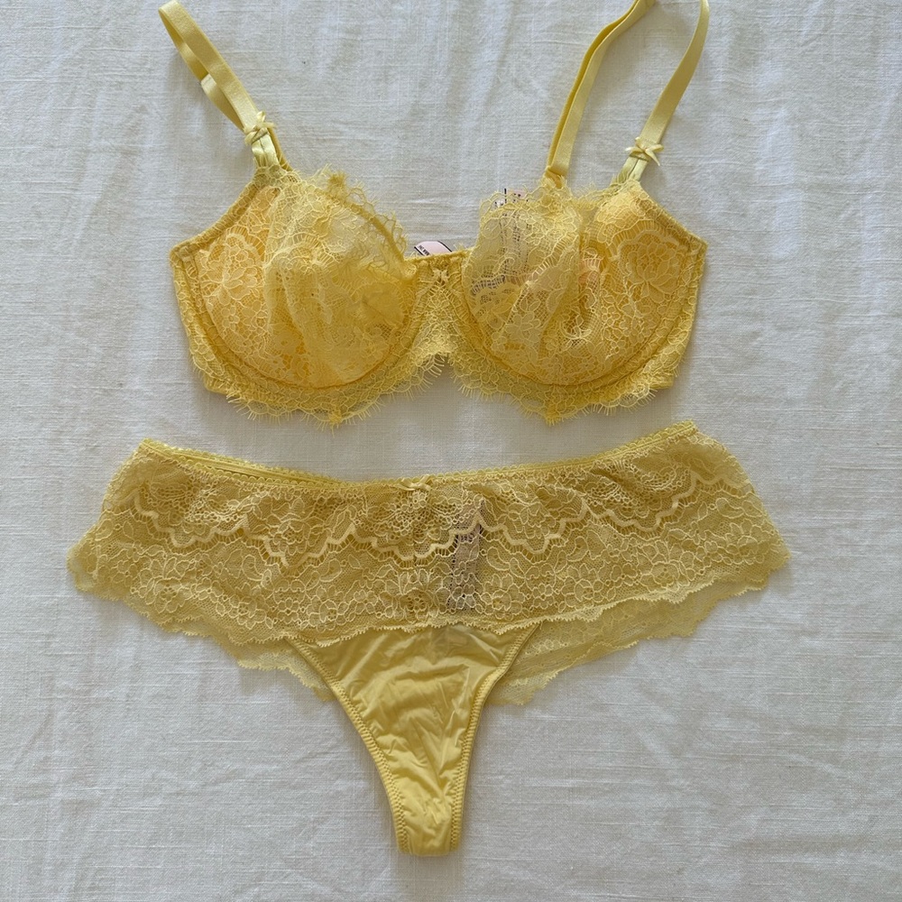 Yellow 34D Wicked Unlined Lace + M Yellow Panty